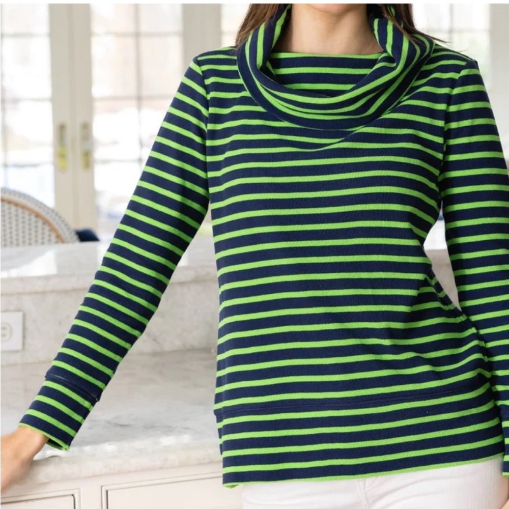 Sail to Sable Navy Blue and Green Textured Knit Cowl Neck Pullover Top Size L